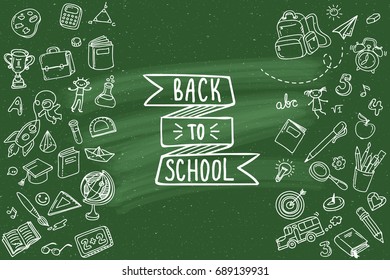 Concept of education. School background with hand drawn school supplies on green blackboard. Back to school.