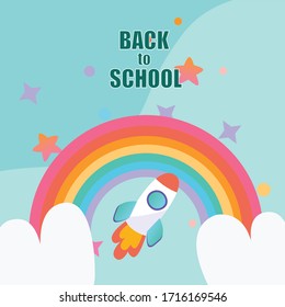  Concepto de educación. Antecedentes escolares con arco iris y cohete con letras Back to School 