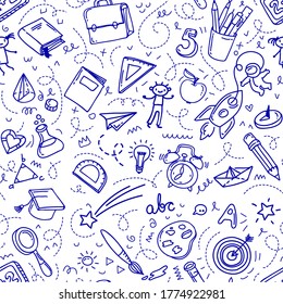 Concept of education. School seamless background with hand drawn school supplies on white. Vector illustration