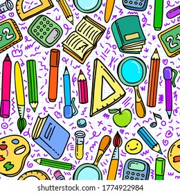 Concept of education. School seamless background with hand drawn school supplies on white. Vector illustration