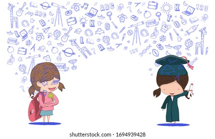 Concept of education Schoolgirl and girl graduated pupils back to school background design vector.