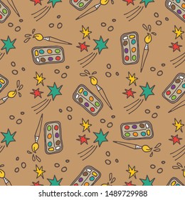 Concept of education. Seamless pattern with doodle school symbols. Vector illustration. Design element for fabric, wrapping paper or wallpaper. Hand drawn style.