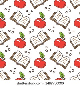 Concept of education. Seamless pattern with doodle school symbols. Vector illustration. Design element for fabric, wrapping paper or wallpaper. Hand drawn style.