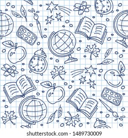 Concept of education. Seamless pattern with doodle school symbols. Vector illustration. Design element for fabric, wrapping paper or wallpaper. Hand drawn style.