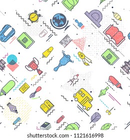Concept of education seamless pattern. School background with hand drawn school supplies. Alphabet and numbers. Back to School lettering colored letters.