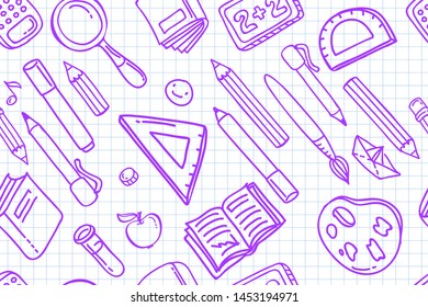 Concept of education. Seamless School background with hand drawn school supplies on white. Vector illustration