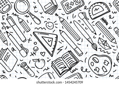 Concept of education. Seamless School background with hand drawn school supplies on white. Vector illustration