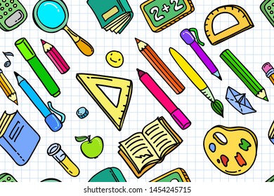 Concept of education. Seamless School background with hand drawn school supplies on white. Vector illustration