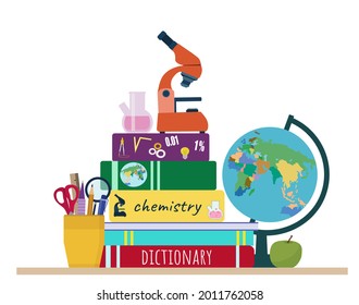 The concept of education. A stack of books and textbooks, a globe, an apple, a microscope and a glass with pens and pencils.  Vector illustration on a white background.