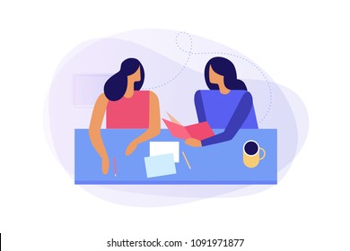 Concept of education, student learning, business training. Two young women, teacher and student are talking to each other sitting at table. Colorful flat vector illustration.