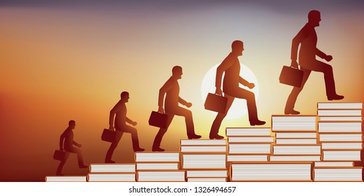 concept of education that makes knowledge grow, with a man growing up as he climbs a staircase whose steps are made of books.