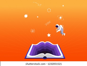 concept of education and training. Open book on  orange background. Science fiction or educational books
