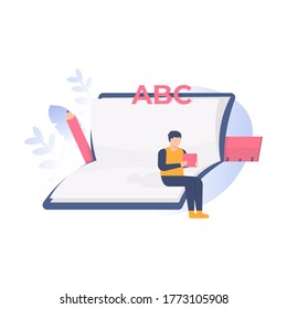 the concept of education, training, self development. illustration of a student studying or reading a book and sitting on a book. flat design. can be used for elements, landing pages, UI, website