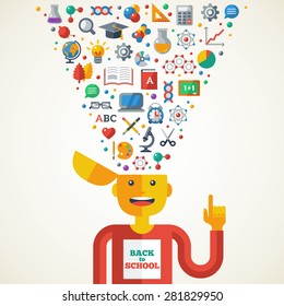 Concept of Education. Vector Illustration. Boy with Icons and Symbols in Head. Back to school. Learning Creative Process.