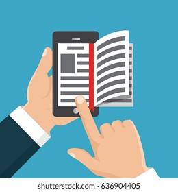 Concept of education. Vector illustration isolated on white background. Electronic book in hand. The thumb flips through the pages of the electronic book. 
