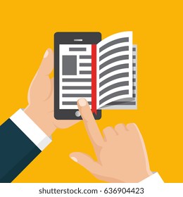 Concept of education. Vector illustration isolated on white background. E-book in hand. The thumb flips through the pages of the electronic book. 