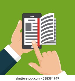 Concept of education. Vector illustration isolated on white background. E-book in hand. The thumb flips through the pages of the electronic book. 