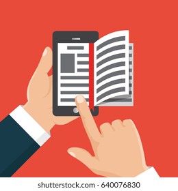 Concept of education. Vector illustration isolated on background. E-book in hand. The thumb flips through the pages of the electronic book. 