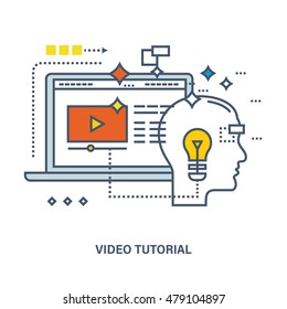Concept of education and video tutorial. Color Line icons. Online course from universities and colleges proposes video-on-demand, forum, communication.
