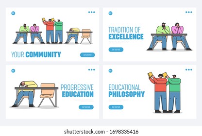Concept Education. Website Landing Page. Students Are In Lecture Hall Learning, Reading Books, Communicating And Sleeping On The Lecture. Web Page Cartoon Linear Outline Flat Vector Illustrations Set