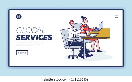 Concept Of Education. Website Landing Page. Happy Man And Woman Students Sitting At School Desk. People Use Laptop And Notebook For Notes. Web Page Cartoon Linear Outline Flat Vector Illustration