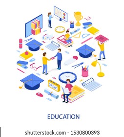 Concept of education, website template, 3D isometric style vector illustration