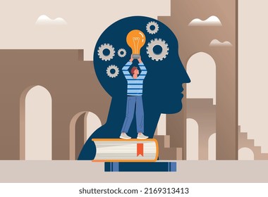 Concept of education. Woman installs large light bulb in big abstract silhouette of head. Creative personality and brainstorming, insight and problem solving. Cartoon flat vector illustration