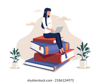 Concept of education. Young girl with laptop sits on stack of books. Student and remote education or learning. Woman preparing for test or exam, doing homework. Cartoon flat vector illustration