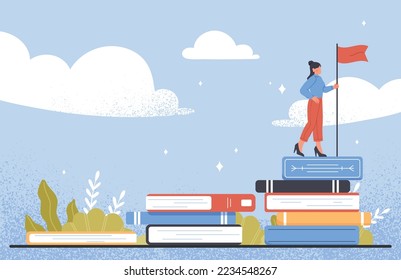 Concept of education. Young girl on stacks of books with red flag in her hands. Love for literature and useful hobby. Learning and training, self development. Cartoon flat vector illustration