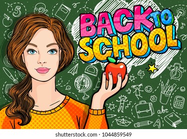 Concept of education. Young woman, teacher holding an apple in front of a green blackboard. Back to school. Vector illustration.
