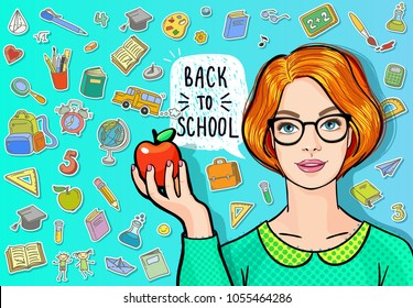 Concept of education. Young woman, teacher holding an apple on blue background with icons of education. Back to school. Vector illustration.