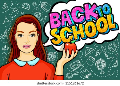 Concept of education. Young woman, teacher holding an apple in front of green blackboard. Back to school message in pop art style. Vector illustration.