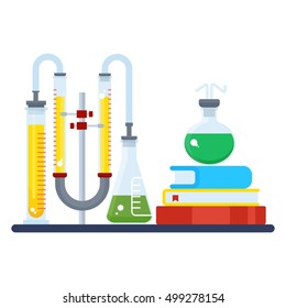 Concept of educational chemistry experiment. Chemist workspace. Chemical reactions research. Flat cartoon laboratory illustration. Objects isolated on a white background.