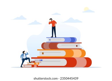 concept of educational inequality, academic degree or institutional bias, imbalance or access to knowledge, school dropout, successful youth over pile of textbooks looking at other people on floor.