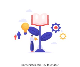 The concept of educational investment. Self-development through science and knowledge. Cultivating ideas and mindsets. Illustration of a man watering a plant to keep it growing. A plant with a book becomes a flower. Metaphor, flat style. White background.