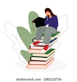 concept of education,knowledge, study, science. A woman is sitting on a stack of books with Graduation cap . Reading books, literature, encyclopedias. Vector illustration in a flat style