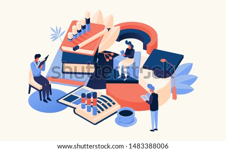 Concept educative isometric illustration with books and people learning about business, diagrams, charts and graphs in bright orange and blue colors. Horizontal 3d vector