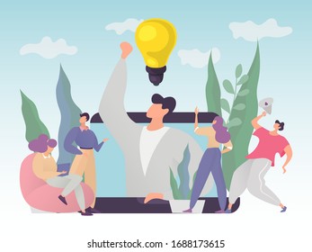 Concept effective collaboration in finding an innovative idea and solving problems for a successful business start-up vector illustration. Men and women in process brainstorming and search for insight