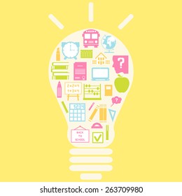 The concept of effective education. Light bulb with colorful education icon. Vector illustration.