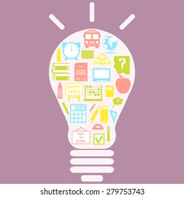 The concept of effective education. Light bulb with colorful education icon. Vector illustration.
