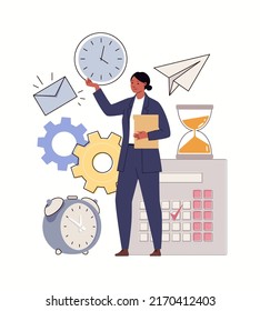 Concept of effective time management. Strategic planning, organization of work, schedule of planned cases. Secretary, assistant, manages business process. Flat vector illustration. Cartoon characters.