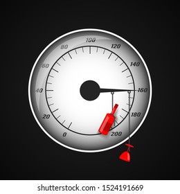 The concept of the effects of alcohol on a car driver. Danger of drunk driving. Speedometer with a bottle and a glass. Vector illustration.