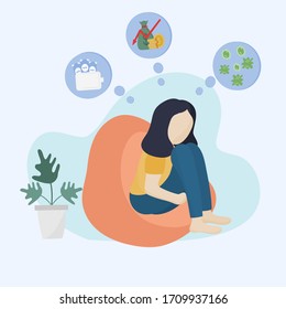 Concept of the effects of the coronavirus or COVID - 19, Young woman sat sadly from unemployment by the impact of the economic crisis. Flat design illustration.