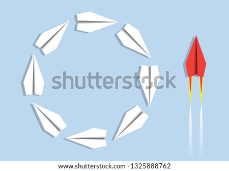 Concept of efficiency in opposition to inefficiency with a side of origami planes that turn stupidly round and on the other, a red plane that acts with intelligence.