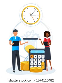 Concepto de gestión del tiempo de eficiencia. Empresarios que trabajan en la organización del flujo de trabajo y en la optimización del tiempo de trabajo para lograr una productividad efectiva. Ganar, ahorrar, invertir dinero, negocios rentables