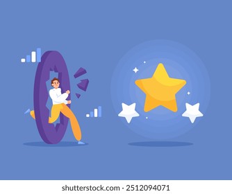 concept of effort to achieve success. going beyond limits to grow. overcoming obstacles and achieving goals. illustration of businessman breaking through wall to get star. flat style design. element