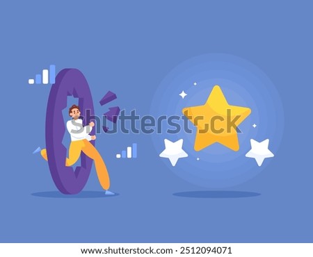 concept of effort to achieve success. going beyond limits to grow. overcoming obstacles and achieving goals. illustration of businessman breaking through wall to get star. flat style design. element