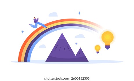 concept of effort to get an idea. inspiration, creative idea, solution, innovation. research and knowledge. illustration of a man running on a rainbow to pass obstacles and reach a lamp. flat style