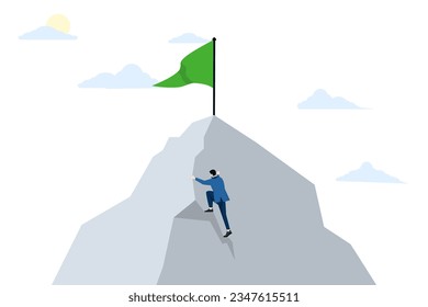 concept of effort or persistence to achieve goals or achievement success, business mission, ambition to advance to the target, hard or struggle, businessman climbs the mountain to achieve the target.