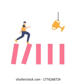 the concept of effort to succeed, to victory, problems. illustration of people trying to get past dominoes to get a trophy. flat design. can be used for elements, landing pages, UI, websites